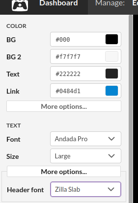 Background colour: black; background colour 2: #f7f7f7; Text colour: #222222; Link colour: #0484d1; Text font: Anadada Pro, Large; Header font: Zilla Slab.